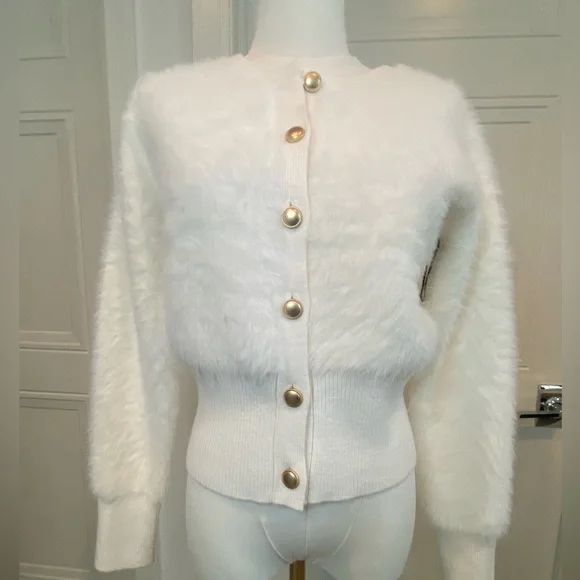 Bailey 44 Ivory Fuzzy Cardigan Sweater XS with Gold Buttons NWT - Picture 5 of 9